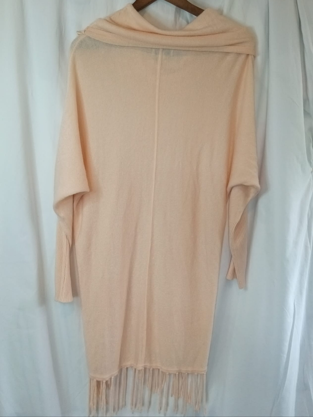 Peach Cowl Neck Fringe Tunic Sweater Lightweight Lagenlook Neutral Preppy Soft - Picture 2 of 5